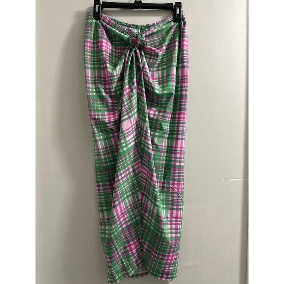 🔴Plush Plaid Sarong‎ Skirt Green and pink size S - Picture 2 of 5